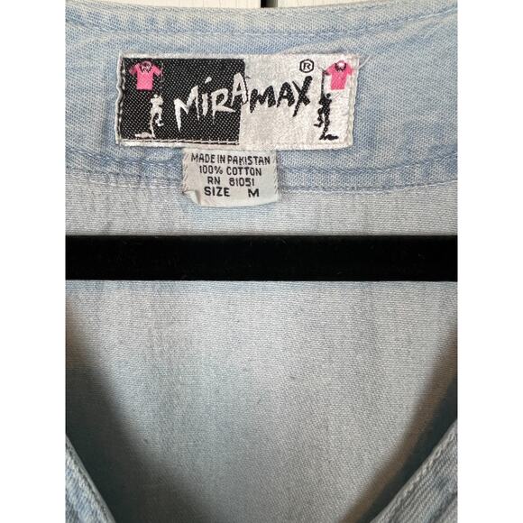 Vintage 90s Miramax Chambray Denim Sort Sleeve Button Top Embroidered Medium - Picture 3 of 7